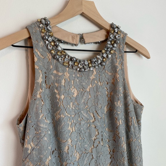 ELIZA J Grey Lace Dress With Jeweled Neckline | Size 6 | Wedding/Cocktail - Picture 4 of 15